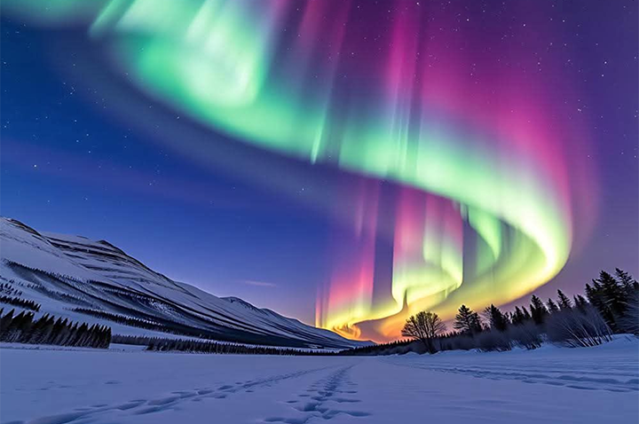 Ein atemberaubendes Schauspiel der Aurora Borealis mit lebhaften Farben, die den Nachthimmel erleuchten. Ein atemberaubendes Schauspiel der Aurora Borealis mit lebhaften Farben, die den Nachthimmel erleuchten.